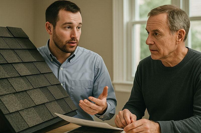 Expert roofing contractor legal information is displayed on a document.