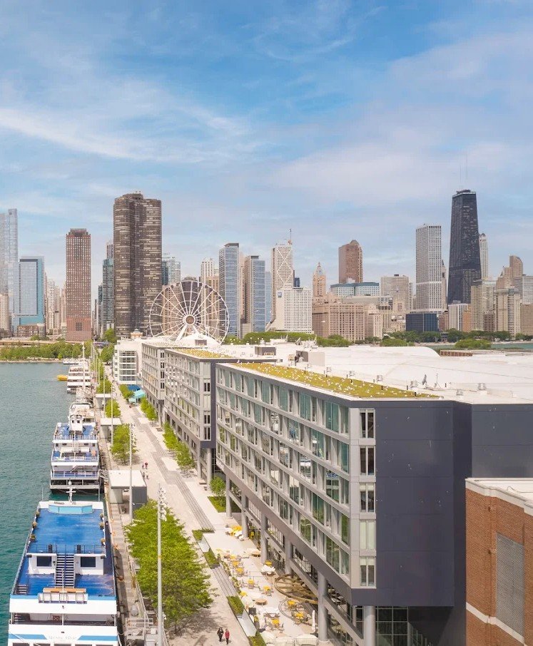 Sable hotel at Navy Pier with rooftop green roof and the Chicago skyline
